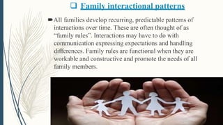  Family interactional patterns
All families develop recurring, predictable patterns of
interactions over time. These are often thought of as
“family rules”. Interactions may have to do with
communication expressing expectations and handling
differences. Family rules are functional when they are
workable and constructive and promote the needs of all
family members.
 