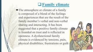 Family climate
The atmosphere or climate of a family
is composed of a blend of the feelings
and experiences that are the result of the
family member’s verbal and non-verbal
sharing and interacting. It has been
suggested that a positive family climate
is founded on trust and is reflected in
openness. A dysfunctional family
climate is evidenced by tensions, pain,
physical disabilities, frustrations or guilt
 