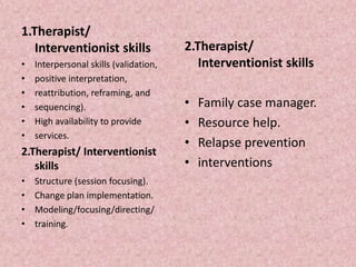 1.Therapist/
Interventionist skills
• Interpersonal skills (validation,
• positive interpretation,
• reattribution, reframing, and
• sequencing).
• High availability to provide
• services.
2.Therapist/ Interventionist
skills
• Structure (session focusing).
• Change plan implementation.
• Modeling/focusing/directing/
• training.
2.Therapist/
Interventionist skills
• Family case manager.
• Resource help.
• Relapse prevention
• interventions
 