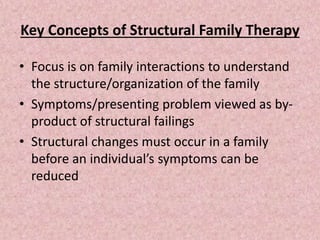 Key Concepts of Structural Family Therapy
• Focus is on family interactions to understand
the structure/organization of the family
• Symptoms/presenting problem viewed as by-
product of structural failings
• Structural changes must occur in a family
before an individual’s symptoms can be
reduced
 