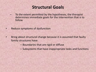 Structural Goals
– To the extent permitted by the hypotheses, the therapist
determines immediate goals for the intervention that is to
follow
• Reduce symptoms of dysfunction
• Bring about structural change because it is assumed that faulty
family structures have:
– Boundaries that are rigid or diffuse
– Subsystems that have inappropriate tasks and functions
 