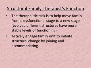 Structural Family Therapist’s Function
• The therapeutic task is to help move family
from a dysfunctional stage to a new stage
(evolved different structures have more
stable levels of functioning)
• Actively engage family unit to initiate
structural change by joining and
accommodating.
 