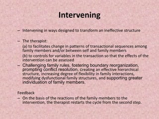 Intervening
– Intervening in ways designed to transform an ineffective structure
– The therapist:
(a) to facilitates change in patterns of transactional sequences among
family members and/or between self and family members
(b) to controls for variables in the transaction so that the effects of the
intervention can be assessed
– Challenging family rules, fostering boundary reorganization,
prompting conflict resolution, creating an effective hierarchical
structure, increasing degree of flexibility in family interactions,
modifying dysfunctional family structures, and supporting greater
individuation of family members.
Feedback
– On the basis of the reactions of the family members to the
intervention, the therapist restarts the cycle from the second step.
 