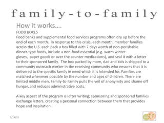 5/24/10How it works…. FOOD BOXESFood banks and supplemental food services programs often dry up before the end of each month.  In response to this crisis, each month, member families across the U.S. each pack a box filled with 7 days worth of non-perishable dinner-type foods, include a non-food essential (e.g. warm winter gloves,  paper goods or over the counter medications), and seal it with a letter to their sponsored family.  The box packed by mom, dad and kids is shipped to a community outreach worker in the receiving community who ensures that it is delivered to the specific family in need which it is intended for. Families are matched whenever possible by the number and ages of children. There are limited middle men, Family-to-Family pulls the veil of anonymity and shame off hunger, and reduces administrative costs.  A key aspect of the program is letter writing; sponsoring and sponsored families exchange letters, creating a personal connection between them that provides hope and inspiration.    