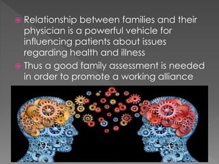  Relationship between families and their
physician is a powerful vehicle for
influencing patients about issues
regarding health and illness
 Thus a good family assessment is needed
in order to promote a working alliance
 