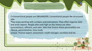 C=Conventional people are ORGANIZERS. Conventional people like structured
jobs.
They enjoy working with numbers and instructions. They often organize data
and write reports. People who rank high on this theme are often
conscientious, efficient, and calm. Jobs that involve these personalities are
clerical, administrative, time study
analyst, finance expert, accountant, credit manager, secretary and etc.
 