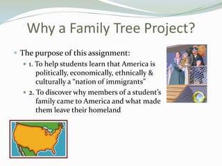 Why a Family Tree Project?<br />The purpose of this assignment:<br />1. To help students learn that America is 		political...