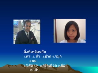 สิ่งที่เหมือนกัน 1. ตา  2.   คิ้ว  3. ปาก  4 . จมูก  5. ผม   6. นิสัย   7. หู   8. กรุ๊ดเลือด   9 . มือ   10 . เล็บ 