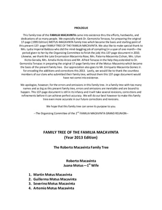 PROLOGUE

    This family tree of the FAMILIA MACAVINTA came into existence thru the efforts, hardworks, and
  dedications of so many people. We especially thank Dr. Gemorsita Tenazas, for preparing the original
  17-page (1995 Edition) MOTUS-MACAVINTA family tree which became the basis and starting point of
this present 137- page FAMILY TREE OF THE FAMILIA MACAVINTA. We also like to make special thank to
 Mrs. Lydia Imperial Baldoza who did the mind-boggling job of compiling (in a span of one month—the
   period given to her by the Organizing Committee to finish the job) this 137-page document in 2010.
  Likewise, we thank the Late Encarnacion Macavinta Rose, Mrs. Paterna Macavinta Cichon, Mrs. Lilian
     Ilicito-Gerada, Mrs. Amelia Ilicito-Arceo and Mr. Alfred Tenazas in the help they extended to Dr.
Gemorsita Tenazas in preparing the original 17-page family tree of the Motus-Macavinta which became
 the basis of the present family tree. Our appreciation also goes to Mr. Enriqueto Macavinta Gomez Jr.
    for encoding the additions and corrections this 2013. Lastly, we would like to thank the countless
  members of our clans who submitted their family tree, without them this 137-page document would
                                        have not come into existence.

We apologize, however, for the errors and omissions in this family tree. In a family tree with too many
  names and as big as this present family tree, errors and omissions are inevitable and are bound to
happen. This 137-page document is still in its infancy and it will take several revisions, corre ctions and
 refinements before it can achieve perfect accuracy. We will do our best however to make this family
                  tree even more accurate in our future corrections and revisions.

                      We hope that this family tree can serve its purpose to you.

            --The Organizing Committee of the 2nd FAMILIA MACAVINTA GRAND REUNION--




                    FAMILY TREE OF THE FAMILIA MACAVINTA
                              (Year 2013 Edition)

                             The Roberto Macavinta Family Tree


                                        Roberto Macavinta
                                      Juana Motus—1st Wife

       1.   Martin Motus Macavinta
       2.   Guillerma Motus Macavinta
       3.   Severino Motus Macavinta
       4.   Artemio Motus Macavinta
 