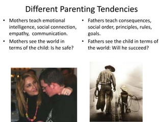 Different Parenting Tendencies
• Mothers teach emotional
intelligence, social connection,
empathy, communication.
• Mothers see the world in
terms of the child: Is he safe?
• Fathers teach consequences,
social order, principles, rules,
goals.
• Fathers see the child in terms of
the world: Will he succeed?
 