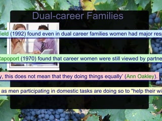 Dual-career Families
field (1992) found even in dual career families women had major resp



Rapoport (1970) found that career women were still viewed by partne


y, this does not mean that they doing things equally’ (Ann Oakley).

 as men participating in domestic tasks are doing so to "help their wiv


                          FamilyandCultureWeek5             11
 