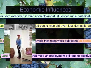 Economic Influences
ers have wondered if male unemployment influences male participatio


 and Bell (1984), unemployed young men did even less domestic wo



ris (1985) found from her sample that roles were subject to 're-negoti



  Jane Wheelock found that male unemployment did lead to positive

                          FamilyandCultureWeek5             17
 