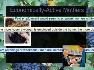 Economically-Active Mothers
           Paid employment would seem to empower women within


he more hours a woman is employed outside the home, the more do




ours (evenings or weekends), men are increasingly having to care for



                          FamilyandCultureWeek5           6
 