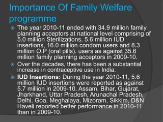 Importance Of Family Welfare
programme
 The year 2010-11 ended with 34.9 million family
planning acceptors at national level comprising of
5.0 million Sterilizations, 5.6 million IUD
insertions, 16.0 million condom users and 8.3
million O.P (oral pills). users as against 35.6
million family planning acceptors in 2009-10.
 Over the decades, there has been a substantial
increase in contraceptive use in India.
 IUD Insertions: During the year 2010-11, 5.6
million IUD insertions were reported as against
5.7 million in 2009-10. Assam, Bihar, Gujarat,
Jharkhand, Uttar Pradesh, Arunachal Pradesh,
Delhi, Goa, Meghalaya, Mizoram, Sikkim, D&N
Haveli reported better performance in 2010-11
than in 2009-10.
 