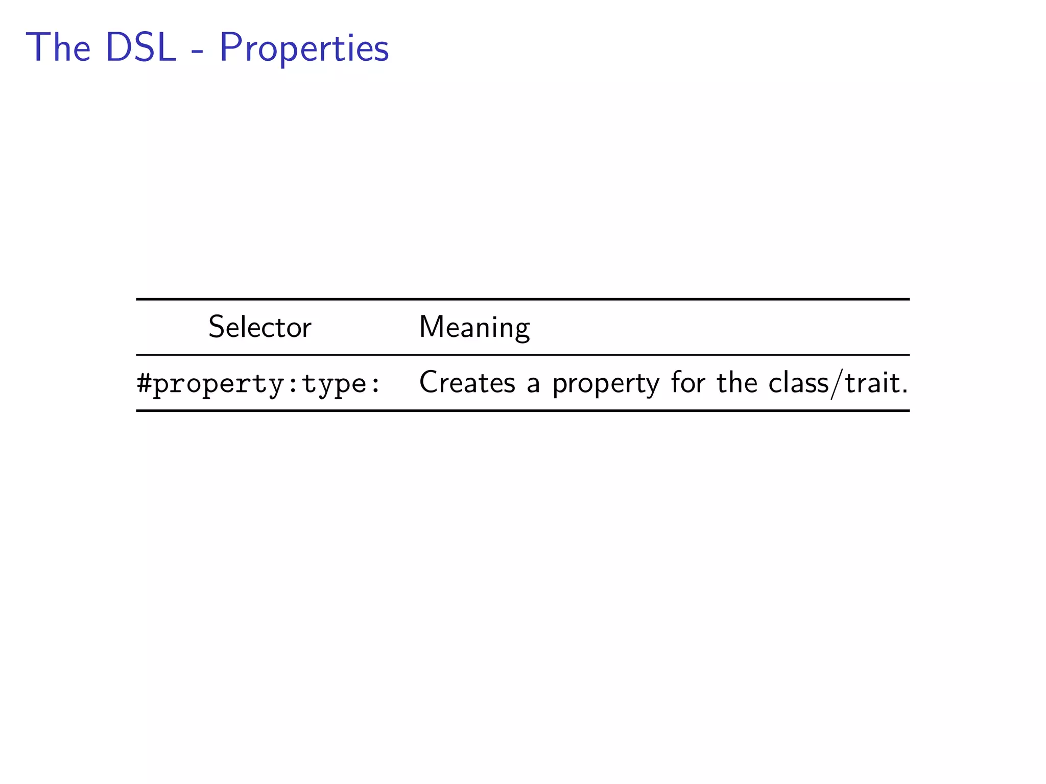 The DSL - Properties
Selector Meaning
#property:type: Creates a property for the class/trait.
 