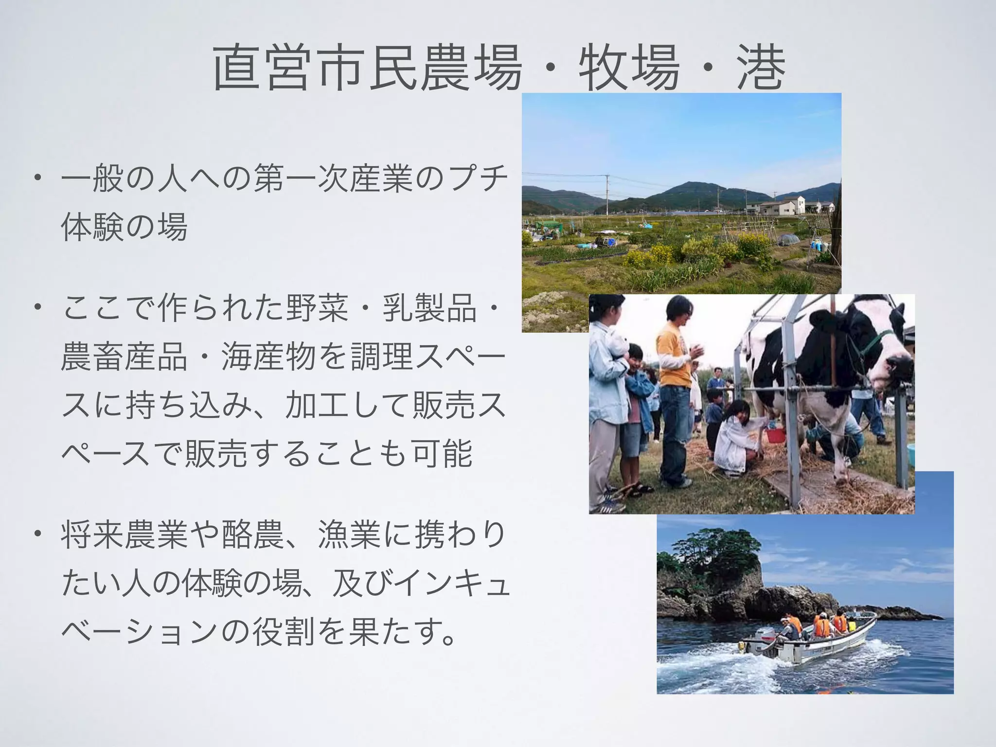 直営市民農場・牧場・港
• 一般の人への第一次産業のプチ
体験の場
• ここで作られた野菜・乳製品・
農畜産品・海産物を調理スペー
スに持ち込み、加工して販売ス
ペースで販売することも可能
• 将来農業や酪農、漁業に携わり
たい人の体験の場、及びインキュ
ベーションの役割を果たす。
 