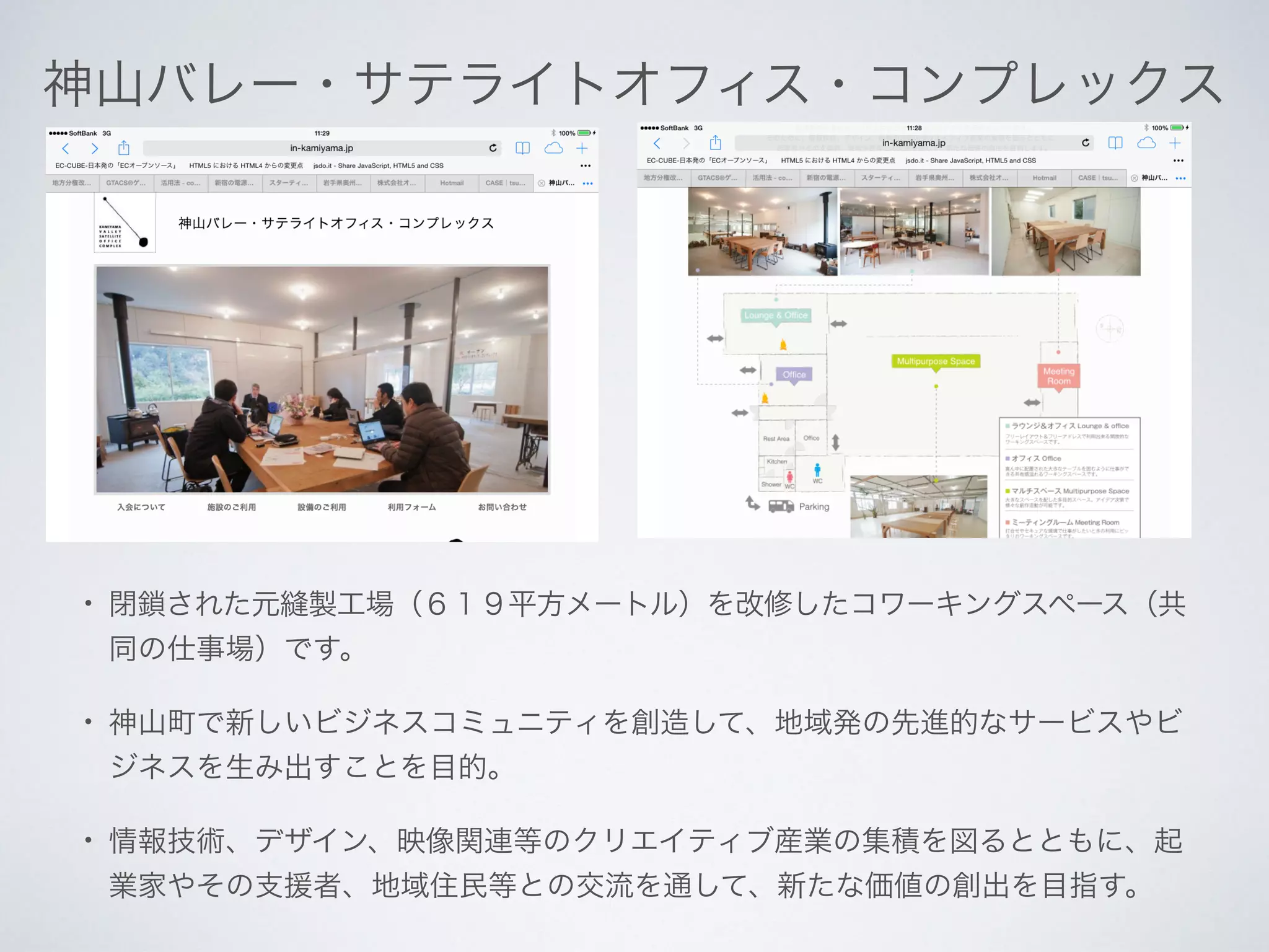 神山バレー・サテライトオフィス・コンプレックス
• 閉鎖された元縫製工場（６１９平方メートル）を改修したコワーキングスペース（共
同の仕事場）です。
• 神山町で新しいビジネスコミュニティを創造して、地域発の先進的なサービスやビ
ジネスを生み出すことを目的。
• 情報技術、デザイン、映像関連等のクリエイティブ産業の集積を図るとともに、起
業家やその支援者、地域住民等との交流を通して、新たな価値の創出を目指す。
 