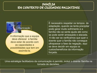  Os humanos possuem uma realidade interna formada por sedimentos de experiências. Somos um poço de  sentimentos, de emoções, afectos, relações e recordações, que se vão formando mediante a nossa relação com o meio. Portanto pessoas podem reagir de modo diferente perante situações semelhantes.A equipa não deve estabelecer interpretações semelhantes em diferentes casosporque podem conduzir  a erros na definição dos objectivos e na intervenção.A idade do doente, sexo e o papel que ocupa no seio da famíliaFAMÍLIA EM CONTEXTO DE CUIDADOS PALIATIVOSÉ necessário respeitar os tempos  de adaptação, quando se tenta precipitar pode gerar muito sofrimento e a família não se sente ajuda até como se pode sentir ameaçada e atacada. A não ser se verificamos que quer o doente quer a família não consegue ultrapassar a fase da negação, aqui se deve decidir em equipa os custos/benefícios da informação forçada.ComunicaçãoA informação que a equipa deve oferecer  à família deve estar de acordo com as capacidades e possibilidades que tem em assimila-la.Uma estratégia facilitadora da comunicação é permitir, incluir o doente /família na tomada de decisões.