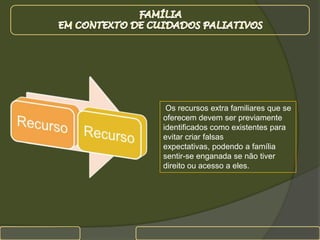 FAMÍLIA EM CONTEXTO DE CUIDADOS PALIATIVOS Os recursos extra familiares que se oferecem devem ser previamente identificados como existentes para evitar criar falsas expectativas, podendo a família sentir-se enganada se não tiver direito ou acesso a eles.