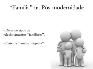 - Diversos tipos de relacionamentos “familiares”. - Crise da “família burguesa”. “ Família” na Pós-modernidade 