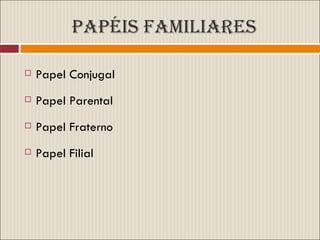 Papéis familiares Papel Conjugal Papel Parental Papel Fraterno Papel Filial 