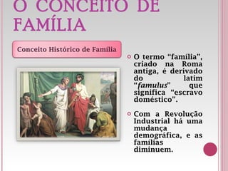O  CONCEITO  DE  FAMÍLIA O termo “família”, criado na Roma antiga, é derivado do latim “ famulus ” que significa “escravo doméstico”. Com a Revolução Industrial há uma mudança demográfica, e as famílias diminuem. Conceito Histórico de Família 