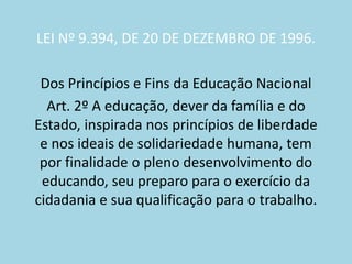 LEI Nº 9.394, DE 20 DE DEZEMBRO DE 1996.

 Dos Princípios e Fins da Educação Nacional
  Art. 2º A educação, dever da família e do
Estado, inspirada nos princípios de liberdade
 e nos ideais de solidariedade humana, tem
 por finalidade o pleno desenvolvimento do
 educando, seu preparo para o exercício da
cidadania e sua qualificação para o trabalho.
 