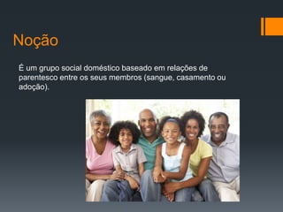 Noção
É um grupo social doméstico baseado em relações de
parentesco entre os seus membros (sangue, casamento ou
adoção).
 