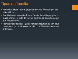 Tipos de família
 Família Nuclear – É um grupo doméstico formado por pai,
mãe e filhos.
 Família Monoparental – É uma família formada por pais ou
mães e filhos. É fruto da viuvez, divórcio ou escolha de um
dos progenitores.
 Família Recomposta – Estas famílias resultam de um novo
casamento (ou união) com reunião dos filhos de casamento
anteriores.
 