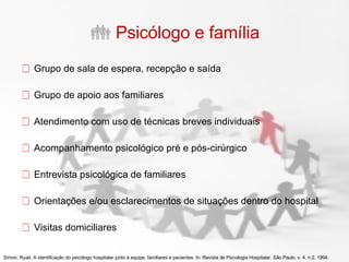 Psicólogo e família Grupo de sala de espera, recepção e saída Grupo de apoio aos familiares Atendimento com uso de técnicas breves individuais Acompanhamento psicológico pré e pós-cirúrgico Entrevista psicológica de familiares Orientações e/ou esclarecimentos de situações dentro do hospital Visitas domiciliares Simon, Ryad. A identificação do psicólogo hospitalar junto à equipe, familiares e pacientes. In: Revista de Psicologia Hospitalar. São Paulo, v. 4, n.2, 1994. 