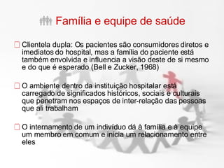 Família e equipe de saúde Clientela dupla: Os pacientes são consumidores diretos e imediatos do hospital, mas a família do paciente está também envolvida e influencia a visão deste de si mesmo e do que é esperado (Bell e Zucker, 1968) O ambiente dentro da instituição hospitalar está carregado de significados históricos, sociais e culturais que penetram nos espaços de inter-relação das pessoas que ali trabalham O internamento de um indivíduo dá à família e à equipe um membro em comum e inicia um relacionamento entre eles 