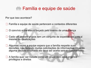 Família e equipe de saúde Por que isso acontece? Família e equipe de saúde pertencem a contextos diferentes O convívio entre eles é forçado pelo evento de uma doença Cada um desses grupos tem um conjunto de expectativas para si mesmo ou idealizações Algumas vezes a equipe espera que a família respeite suas decisões, não fazendo muitas solicitações de informações. Quando alguma decisão é tomada ela deve ser aceita sem questionamento A família quer ser tratada como um grupo com seus próprios privilégios e direitos 