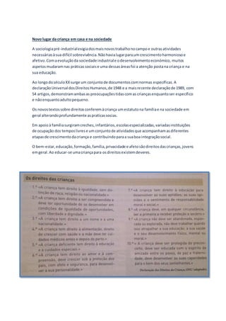 Novo lugar da criança em casa e na sociedade
A sociologiapré-industrialexigiadosmaisnovostrabalhonocampoe outrasatividades
necessáriasàsua difícil sobrevivência.Nãohavialugarparaum crescimentoharmoniosoe
afetivo.Comaevoluçãoda sociedade industriale odesenvolvimentoeconómico, muitos
aspetosmudaramnas práticassociaise uma dessasáreasfoi a atenção postana criança e na
sua educação.
Ao longodoséculoXXsurge um conjuntode documentoscomnormas específicas.A
declaraçãoUniversal dosDireitosHumanos,de 1948 e a maisrecente declaraçãode 1989, com
54 artigos,demonstramambasas preocupaçõestidascomas criançasenquantoser específico
e nãoenquantoadultopequeno.
Os novostextossobre direitosconferemàcriança umestatutona famíliae na sociedade em
geral alterandoprofundamente aspraticassocias.
Em apoioà famíliasurgiramcreches, infantários,escolasespecializadas,variadasinstituições
de ocupação dos temposlivrese umconjuntode atividadesque acompanhamasdiferentes
etapasde crescimentodacriança e contribuindo paraa suaboa integraçãosocial.
O bem-estar,educação,formação,família,privacidade e afetosãodireitosdascrianças,jovens
emgeral.Ao educar-se umacriançapara osdireitosexistemdeveres.
 