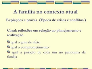 A família no contexto atual
Expiações e provas (Época de crises e conflitos )
Casal: reflexões em relação ao planejamento e
realização
qual o grau de afeto
qual o comprometimento
qual a posição de cada um no panorama da
família
 