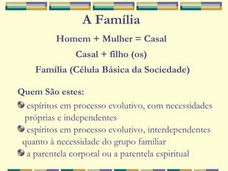 A Família
Homem + Mulher = Casal
Casal + filho (os)
Família (Célula Básica da Sociedade)
Quem São estes:
espíritos em processo evolutivo, com necessidades
próprias e independentes
espíritos em processo evolutivo, interdependentes
quanto à necessidade do grupo familiar
a parentela corporal ou a parentela espiritual
 
