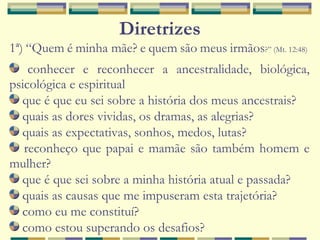 Diretrizes
1ª) “Quem é minha mãe? e quem são meus irmãos?” (Mt. 12:48)
conhecer e reconhecer a ancestralidade, biológica,
psicológica e espiritual
que é que eu sei sobre a história dos meus ancestrais?
quais as dores vividas, os dramas, as alegrias?
quais as expectativas, sonhos, medos, lutas?
reconheço que papai e mamãe são também homem e
mulher?
que é que sei sobre a minha história atual e passada?
quais as causas que me impuseram esta trajetória?
como eu me constituí?
como estou superando os desafios?
 