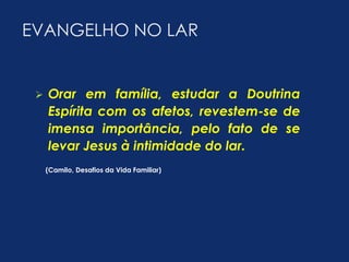 EVANGELHO NO LAR 
 Orar em família, estudar a Doutrina 
Espírita com os afetos, revestem-se de 
imensa importância, pelo fato de se 
levar Jesus à intimidade do lar. 
(Camilo, Desafios da Vida Familiar) 
 