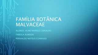 FAMÍLIA BOTÂNICA
MALVACEAE
ALUNOS: ALINE MARIELE CZEKALSKI
FABIOLA ALMEIDA
PERIVALDO MATEUS CONRADO
 