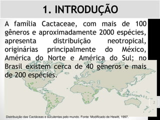 1. INTRODUÇÃO
A família Cactaceae, com mais de 100
gêneros e aproximadamente 2000 espécies,
apresenta distribuição neotropical,
originárias principalmente do México,
América do Norte e América do Sul; no
Brasil existem cerca de 40 gêneros e mais
de 200 espécies.
Distribuição das Cactáceas e suculentas pelo mundo. Fonte: Modificado de Hewitt, 1997.
2
 