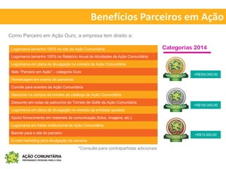 Benefícios Parceiros em Ação
Logomarca tamanho 100% no site da Ação Comunitária
Logomarca tamanho 100% no Relatório Anual de Atividades da Ação Comunitária
Logomarca em placa de divulgação na entrada da Ação Comunitária
Selo “Parceiro em Ação” – categoria Ouro
Homenagem em evento de parceiros
Convite para eventos da Ação Comunitária
Desconto na compra de brindes do catálogo da Ação Comunitária
Desconto em cotas de patrocínio do Torneio de Golfe da Ação Comunitária
Logomarca em placa de divulgação na entrada da entidade apoiada
Apoio/ fornecimento em materiais de comunicação (fotos, imagens, etc.)
Logomarca em folder institucional da Ação Comunitária
Banner para o site do parceiro
E-mail marketing para divulgação da parceria
Como Parceiro em Ação Ouro, a empresa tem direito a:
+R$350.000,00
+R$150.000,00
+R$15.000,00
Categorias 2014
*Consulte para contrapartidas adicionais
 