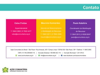 Contato
Paulo KatahiraCelso Freitas Maurício Guimarães
Superintendente
11 5843 2902 | 9 7605 4477
celso@acomunitaria.org.br
Gerente de Relacionamento
e Mobilização de Recursos
11 5843 2911 | 9 7605 4309
mauricio@acomunitaria.org.br
Coordenador de Mobilização
de Recursos
11 5843 2913 | 9 9526 8047
paulo@acomunitaria.org.br
Ação Comunitária do Brasil - São Paulo • Rua Amacás, 243 • Campo Limpo • 05792 030 • São Paulo / SP • Telefone: 11 5843 2900
CNPJ: 61.750.246/0001-75 | Inscrição Estadual: 108.589.342.119 | Inscrição Municipal: 1.231.575-3
www.acomunitaria.org.br | info@acomunitaria.org.br | www.facebook.com/acaocomunitaria
 
