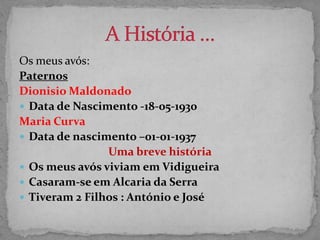 Os meus avós:
Paternos
Dionisio Maldonado
 Data de Nascimento -18-05-1930
Maria Curva
 Data de nascimento –01-01-1937
                Uma breve história
 Os meus avós viviam em Vidigueira
 Casaram-se em Alcaria da Serra
 Tiveram 2 Filhos : António e José
 