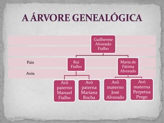Guilherme
                        Alvorado
                         Fialho


Pais          Rui                  Maria de
             Fialho                 Fátima
                                   Alvorado
Avós

         Avô        Avó       Avô          Avó
       paterno    paterna   materno      materna
       Manuel     Mariana     José       Perpetua
        Fialho     Rocha    Alvorado      Prego
 