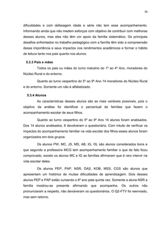36
dificuldades e com defasagem idade e série não tem esse acompanhamento.
Informando ainda que não medem esforços com objetivo de contribuir com melhoras
desses alunos, mas eles não têm um apoio da família sistemático. Os principais
desafios enfrentados no trabalho pedagógico com a família têm sido a compreensão
dessa importância e seus impactos nos rendimentos acadêmicos e formar o hábito
de leitura tanto nos pais quanto nos alunos.
5.3.3 Pais e mães
Todos os pais ou mães do turno matutino do 1º ao 4º Ano, moradores do
Núcleo Rural e do entorno.
Quanto ao turno vespertino do 5º ao 9º Ano 14 moradores do Núcleo Rural
e do entorno. Somente um não é alfabetizado.
5.3.4 Alunos
As características desses alunos são as mais variáveis possíveis, pois o
objetivo da análise foi identificar o percentual de famílias que fazem o
acompanhamento escolar de seus filhos.
Quanto ao turno vespertino do 5º ao 9º Ano 14 alunos foram analisados.
Dos 14 alunos analisados, 6 devolveram o questionário. Com intuito de verificar os
impactos do acompanhamento familiar na vida escolar dos filhos esses alunos foram
organizados em dois grupos:
Os alunos PW, MC, JS, MS, AB, IG, OL são alunos considerados bons e
que segundo a professora MCG tem acompanhamento familiar o que de fato ficou
comprovado, exceto os alunos MC e IG as famílias afirmaram que é raro intervir na
vida escolar deles.
Os alunos PEP, PAP, NSR, DAS, KOB, MSS, CGS são alunos que
apresentam um histórico de muitas dificuldades de aprendizagem. Dois desses
alunos PEP e PAP estão cursando o 6º ano pela quinta vez. Somente a aluna NSR a
família mostrou-se presente afirmando que acompanha. Os outros não
pronunciaram a respeito, não devolveram os questionários. O Q2-FTV foi reenviado,
mas sem retorno.
 