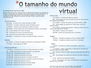 *
As estatísticas da Internet em 2009
Muitas vezes não temos a mínima ideia de quão impressionante é o tamanho da
Internet. Você sabia, por exemplo, que a cada dia são enviados 200 bilhões de
e-mails com spam? Que existem 234 milhões de páginas no mundo? Que o
Facebook tem 350 milhões de usuários? Atentem a estes impressionantes
números da rede:
Correio eletrônico
90 trilhões – O número de e-mails enviados em 2009.
247 bilhões – O número médio de e-mails enviados por dia.
1,4 bilhões – O número de usuários de e-mails no mundo.
100 milhões – Novos usuários do correio eletrônico desde o ano passado.
81% – A percentagem de e-mail com spam.
92% – O máximo de e-mails com spam este ano.
24% – Incremento de spam desde o ano passado.
200 bilhões – O número de e-mails com spam enviados a cada dia.
Websites
234 milhões – O número de páginas existentes em Dezembro de 2009.
47 milhões – Novas páginas em 2009.
Usuários de Internet
1,73 bilhões – Usuários de internet no mundo (Setembro de 2009).
18% – Aumento no número de usuários desde o ano passado.
738.257.230 – Usuários de Internet na Ásia.
418.029.796 – Usuários de Internet na Europa.
252.908.000 – Usuários de Internet na América do Norte.
179.031.479 – Usuários de Internet na América Latina (41% Brasil).
67.371.700 – Usuários da Internet na África.
57.425.046 – Usuários de Internet no Oriente Médio.
20.970.490 – Usuários de Internet na Oceania.
Redes sociais
126 milhões – O número de blogs na Internet.
84% – Percentagem de sites de redes sociais com maior número
de mulheres que homens.
27,3 milhões – Número de tweets por dia (Novembro, 2009)
57% – Percentagem de usuários do Twitter que vivem nos
Estados Unidos.
4,25 milhões – Pessoas que seguem o @aplusk (Ashton Kutcher, o
usuário mais seguido do Twitter).
350 milhões – Pessoas em Facebook.
500.000 – Número de aplicações para o Facebook.
Imagens
4 bilhões – Fotografas alojadas no Flickr (Outubro 2009).
2 bilhões – Fotografas enviadas cada mês no Facebook.
Vídeos
1 bilhão – O número de vídeos visualizados a cada dia no
YouTube.
12,2 bilhões – Vídeos visualizados a cada mês no YouTube nos
Estados Unidos (Novembro 2009).
182 – Número médio de vídeos visto por cada usuário da Internet
por mês.
82% – Percentagem de usuários da Internet que vêem vídeos on-
line.
39.4% – Quota de mercado de YouTube.
81.9% – Percentagem de vídeos compartilhados nos blogs que
pertencem ao YouTube.
Leia mais em: As estatísticas da Internet em 2009 - Metamorfose Digital
http://www.mdig.com.br/index.php?itemid=10066#ixzz1cOUXtwMx
 