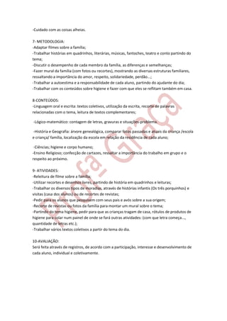 -Cuidado com as coisas alheias.
7- METODOLOGIA:
-Adaptar filmes sobre a família;
-Trabalhar histórias em quadrinhos, literárias, músicas, fantoches, teatro e conto partindo do
tema;
-Discutir o desempenho de cada membro da família, as diferenças e semelhanças;
-Fazer mural da família (com fotos ou recortes), mostrando as diversas estruturas familiares,
ressaltando a importância do amor, respeito, solidariedade, perdão...;
-Trabalhar a autoestima e a responsabilidade de cada aluno, partindo do ajudante do dia;
-Trabalhar com os conteúdos sobre higiene e fazer com que eles se reflitam também em casa.
8-CONTEÚDOS:
-Linguagem oral e escrita: textos coletivos, utilização da escrita, recorte de palavras
relacionadas com o tema, leitura de textos complementares;
-Lógico-matemático: contagem de letras, gravuras e situações-problema.
-História e Geografia: árvore genealógica, comparar fotos passadas e atuais da criança /escola
e criança/ família, localização da escola em relação da residência de cada aluno;
-Ciências; higiene e corpo humano;
-Ensino Religioso; confecção de cartazes, ressaltar a importância do trabalho em grupo e o
respeito ao próximo.
9- ATIVIDADES:
-Releitura de filme sobre a família;
-Utilizar recortes e desenhos livres, partindo de história em quadrinhos e leituras;
-Trabalhar os diversos tipos de moradias, através de histórias infantis (Os três porquinhos) e
visitas (casa dos alunos) ou de recortes de revistas;
-Pedir para os alunos que pesquisem com seus pais e avós sobre a sua origem;
-Recorte de revistas ou fotos da família para montar um mural sobre o tema;
-Partindo do tema higiene, pedir para que as crianças tragam de casa, rótulos de produtos de
higiene para colar num painel de onde se fará outras atividades: (com que letra começa...,
quantidade de letras etc.);
-Trabalhar vários textos coletivos a partir do tema do dia.
10-AVALIAÇÃO:
Será feita através de registros, de acordo com a participação, interesse e desenvolvimento de
cada aluno, individual e coletivamente.

 