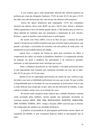 A esse respeito, pais e mães pesquisados afirmam não sofrerem prejuízos na 
profissão por conta das obrigações familiares: 57,6% do total, 62,1% dos pais e 53,3% 
das mães, mas cabe destacar que elas, mais do que eles afirmam sofrer prejuízos. 
Acerca dos apoios disponíveis pelo empregador, 73,3% dos consultados 
disseram não obtê-los. Desse total, 80,0% são pais e 66,7% mães. Petrini e Alcântara 
(2003) argumentam a favor da família quando afirma: a vida familiar para ser efetiva e 
eficaz depende de condições para sua sustentação e manutenção de seus vínculos. 
Portanto, o apoio às famílias é uma carência para os participantes. 
De acordo com Véras (2003), vive-se no País em que a estrutura de poder 
vigente é focada em um modelo econômico que gera crescente riqueza para poucos, que 
garante e privilegia o crescimento da economia, sem uma política de renda justa e de 
atendimento às necessidades básicas do cidadão. 
Apesar disso, a respeito das formas de apoio para assistência aos filhos, à 
compreensão dos chefes em relação às pendências familiares e à compreensão advinda 
do emprego em geral, a tendência dos participantes é de sentirem-se apoiados, 
entretanto, as mães demonstram maior satisfação que os pais. 
Sobre a influência da profissão na vida familiar: a atividade profissional deixa 
os pais ligeiramente mais cansados para realizarem atividades em casa, que as mães. 
São: 46,7% dos pais e 43,3% das mães. 
Quanto ao uso de capacidades profissionais nas tarefas de casa, verifica-se que 
ela tende a usar mais as habilidades profissionais em casa, que os pais. No que se refere 
à disponibilidade para as atividades de casa em proporção às profissionais, nota-se que 
as mães dedicam mais tempo que os pais. Após um dia estressante de trabalho, os pais 
sentem-se irritados: muitas vezes ou na metade das vezes. 
Do mesmo modo, pesquisas atuais indicam que o trabalho doméstico continua 
sendo executado pelas mulheres, mesmo quando elas participam ativamente na 
economia familiar (IBGE, 2006; 2008; MADALOZZO; MARTINS; SHIRATORI, 
2008; SOARES; SABÓIA, 2007). Araújo e Escalon (2005) escrevem que os homens 
são coadjuvantes das mulheres nas atividades domésticas. 
A propósito da permanência de preocupações profissionais mesmo depois do 
expediente de trabalho, os pais conseguem dispersar melhor as preocupações que as 
mães. 
10 
 