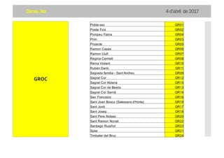 Dansa Ara 4 d’abril de 2017
Poble-sec GR01
Poeta Foix GR02
Pompeu Fabra GR04
Prim GR03
Projecte GR05
Ramon Casas GR06
Ramon Llull GR07
Regina Carmeli GR08
Reina Violant GR10
Rubén Darío GR11
Sagrada familia - Sant Andreu GR09
Sagrat Cor GR12
Sagrat Cor Aldana GR15
Sagrat Cor de Besós GR13
Sagrat Cor Sarrià GR14
San Francsico GR16
Sant Joan Bosco (Salesians d'Horta) GR19
Sant Jordi GR17
Sant Josep GR18
Sant Pere Nolasc GR20
Sant Ramon Nonat GR22
Santiago Rusiñol GR23
Splai GR21
Timbaler del Bruc GR24
GROC
 