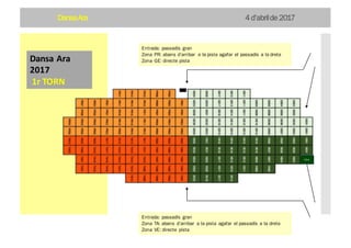 DansaAra 4 d’abrilde 2017
Dansa	Ara	
2017
1r	TORN
Entrada: passadís gran
Zona PR: abans d’arribar a la pista agafar el passadís a la dreta
Zona GE: directe pista
Entrada: passadís gran
Zona TA: abans d’arribar a la pista agafar el passadís a la dreta
Zona VE: directe pista
VE00
 