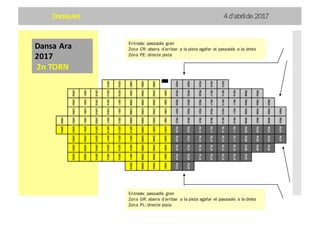 DansaAra 4 d’abrilde 2017
Dansa	Ara	
2017
2n	TORN
Entrada: passadís gran
Zona CR: abans d’arribar a la pista agafar el passadís a la dreta
Zona PE: directe pista
Entrada: passadís gran
Zona GR: abans d’arribar a la pista agafar el passadís a la dreta
Zona PL: directe pista
 